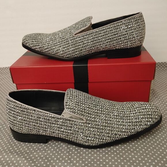 AMALI MEN'S EMELIO METALLIC SILVER GLITTER TUXEDO, SLIP ON LOAFER. SIZE 13D. - Picture 3 of 8